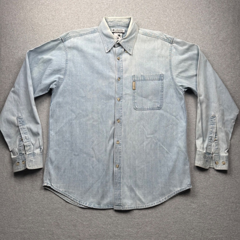 Columbia Sportswear Mens Denim Button Down Shirt Light Wash Blue Size M vtg